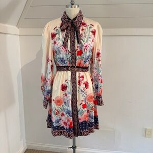 Dalia MacPhee Floral Long-Sleeve Mini Shirt Dress with Belt and Necktie